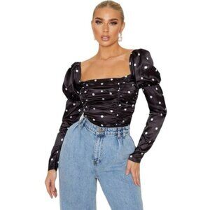 NWOT PrettyLittleThing Polka Dot Satin Puff Sleeve Ruched Bodice Bodysui…